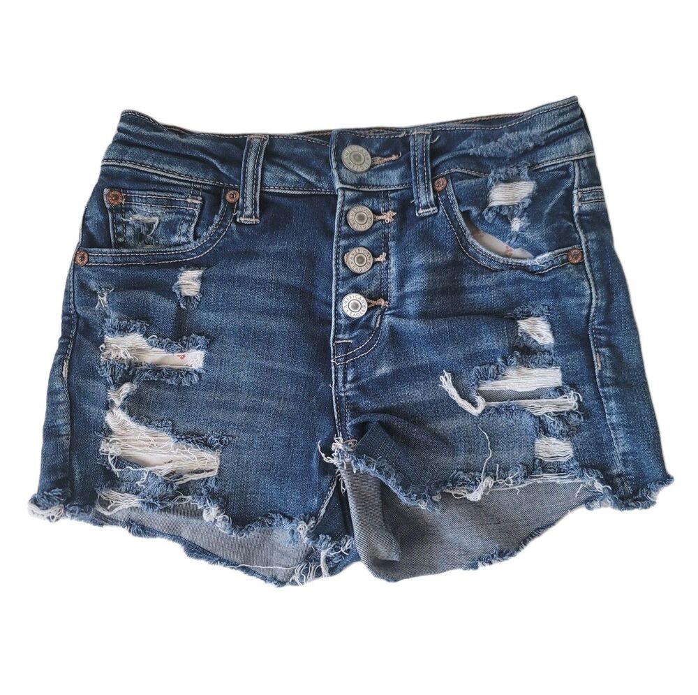 American Eagle womens Hi Rise Shortie Blue Denim Shorts Size 0